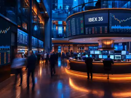 Trading-Floor-Editorial mit IBEX-35-Charts zeigt das Börsenumfeld der Aktie von Fluidra S.A., ISIN ES0137650018, in Madrid - Foto: THN