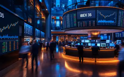 Trading-Floor-Editorial mit IBEX-35-Charts zeigt das Börsenumfeld der Aktie von Fluidra S.A., ISIN ES0137650018, in Madrid - Foto: THN