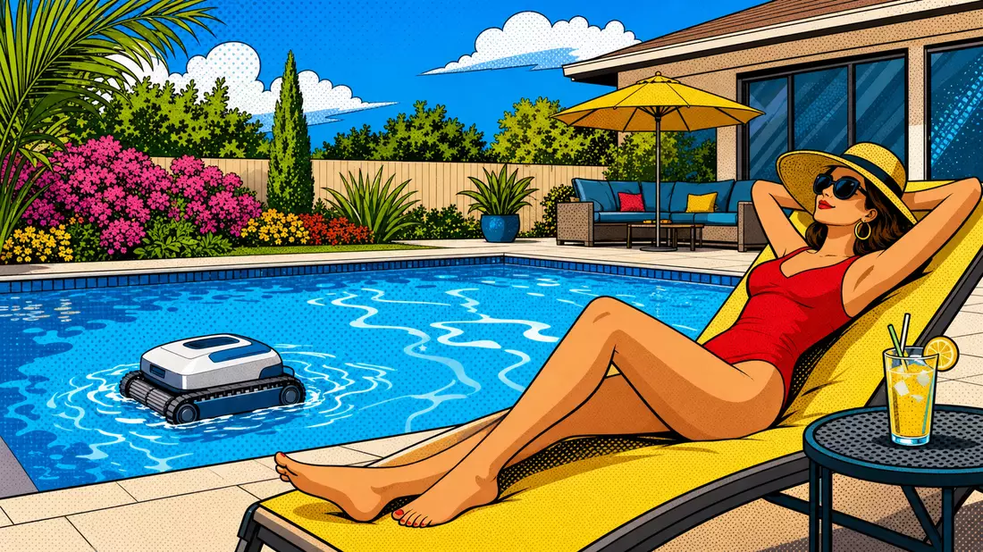 Pop-Art-Comic zeigt Poolroboter und entspannte Person am Pool