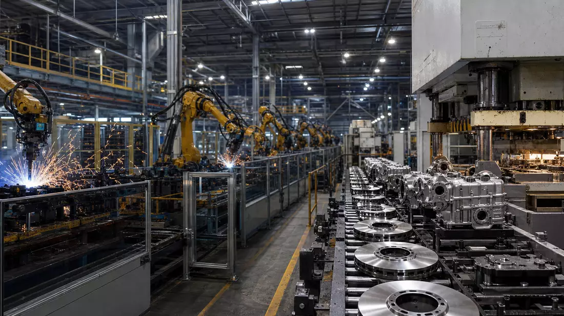 Roboterschweißstraße mit Getriebeteilen in moderner Automobilzulieferer-Fabrikhalle