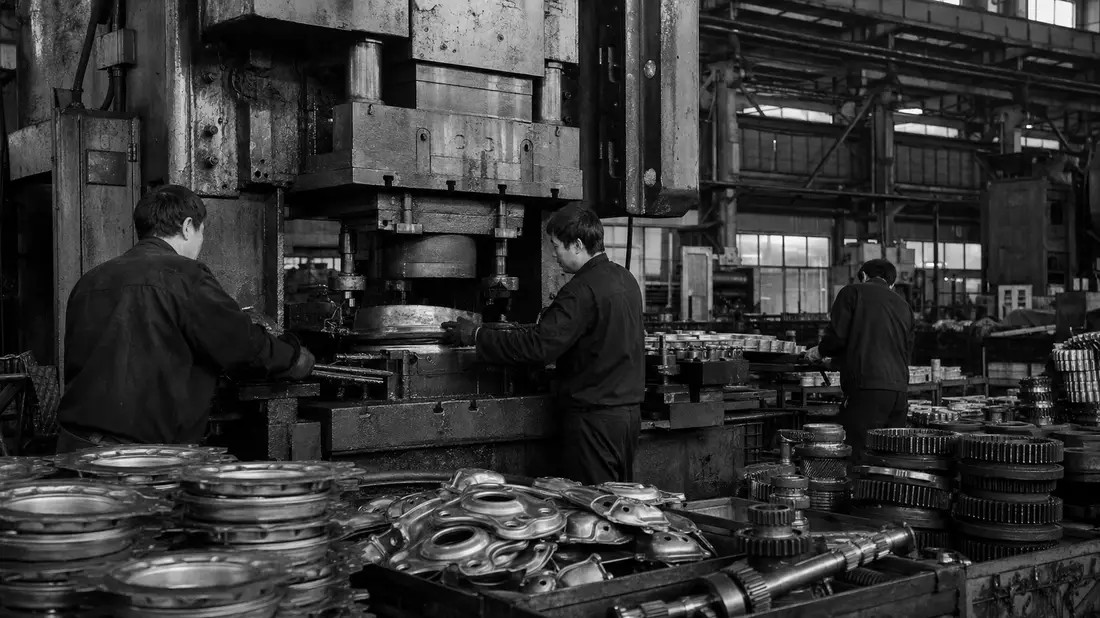 Dokumentarische Schwarzweißaufnahme von Arbeitern an Metallpresse in Autoteilefabrik