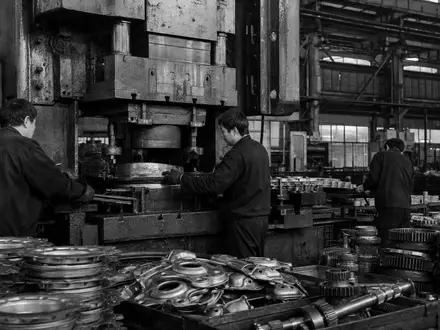 Schwarzweiß-Reportagefoto dokumentiert Presswerk-Arbeiter, passend zu CIE Automotive S.A. ISIN ES0105630315 im Metallteile-Segment - Foto: THN