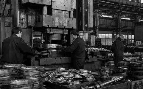 Schwarzweiß-Reportagefoto dokumentiert Presswerk-Arbeiter, passend zu CIE Automotive S.A. ISIN ES0105630315 im Metallteile-Segment - Foto: THN
