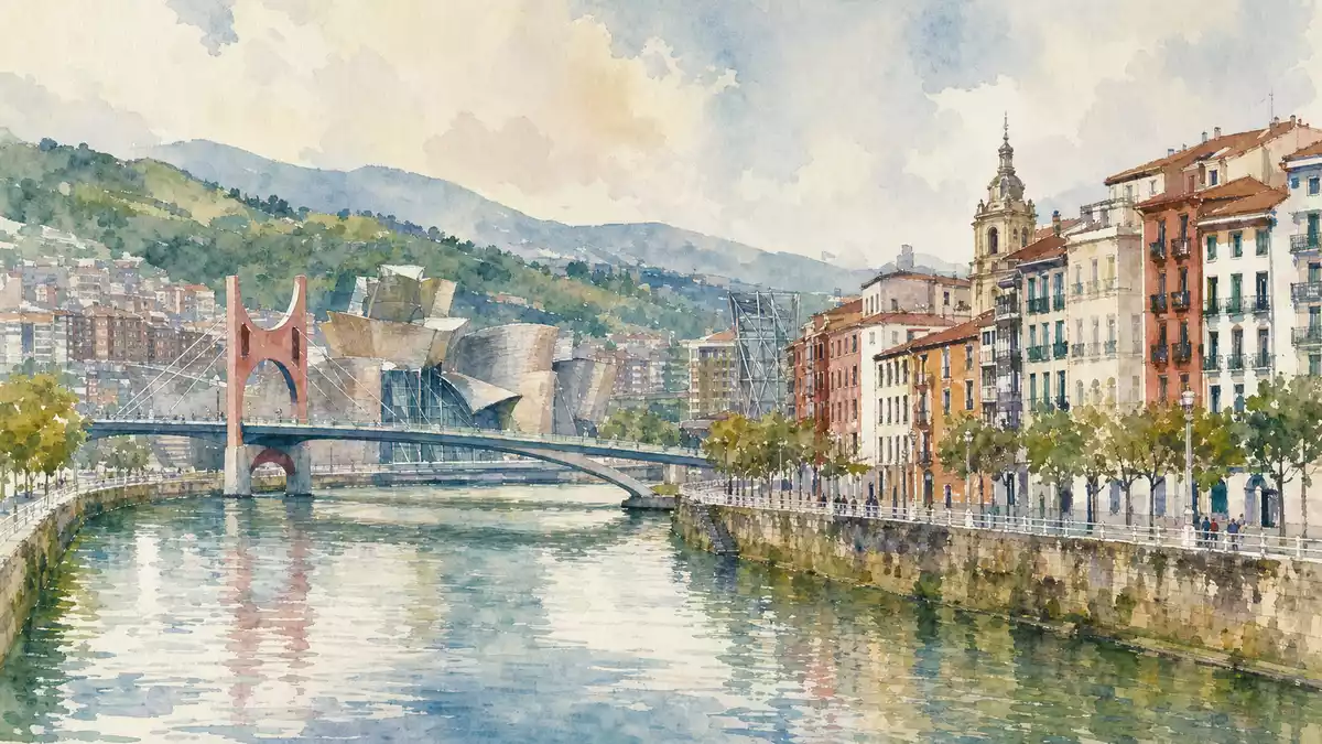 Aquarellansicht von Bilbao mit Fluss, Brücke und Guggenheim-ähnlicher Architektur