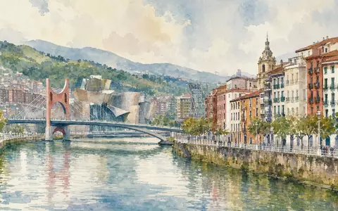 Aquarellmalerei von Bilbao mit Fluss symbolisiert Heimatregion von CIE Automotive S.A., ISIN ES0105630315 - Foto: THN