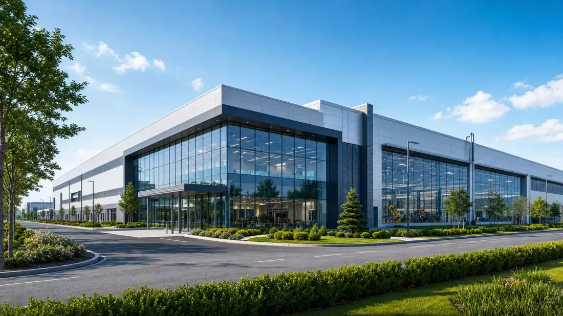Architekturvisualisierung einer modernen Industrieanlage mit Glasfassade und Grünflächen