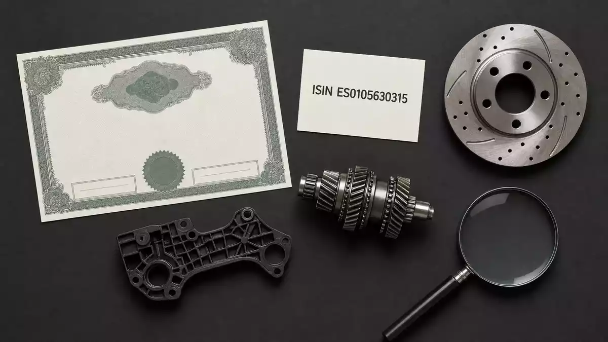 Flatlay aus Aktienzertifikat, ISIN-Karte, Bremsscheibe und Getriebeteil auf dunklem Grund