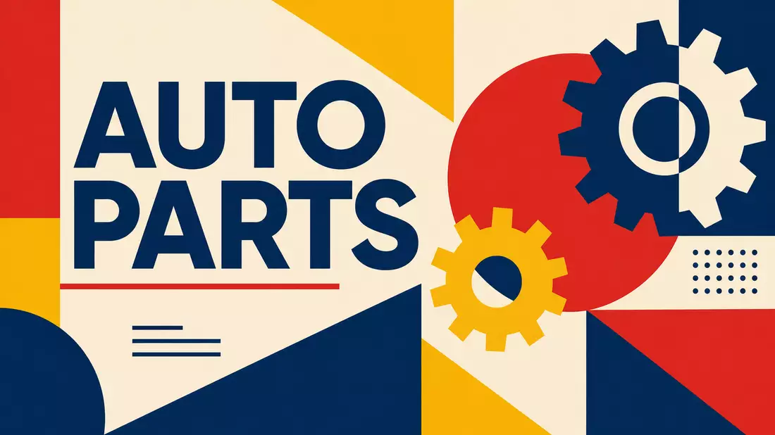 Geometrisches Bauhaus-Poster mit Zahnrädern und Schriftzug AUTO PARTS in Rot Blau Gelb