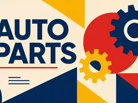 Bauhaus-Poster mit Zahnrädern und Text AUTO PARTS repräsentiert Kernbranche von CIE Automotive S.A., ISIN ES0105630315 - Foto: THN