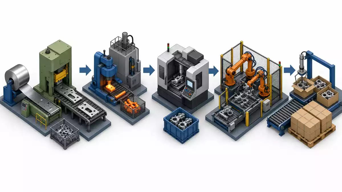 Isometrische 3D-Darstellung der Produktionskette von Stanzen bis Verpackung von Autoteilen