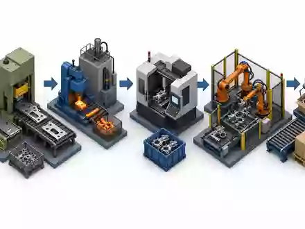 Isometrisches 3D-Diagramm zeigt Wertschöpfungskette von Metallpressung bis Montage, typisch für CIE Automotive S.A., ISIN ES0105630315 - Foto: THN