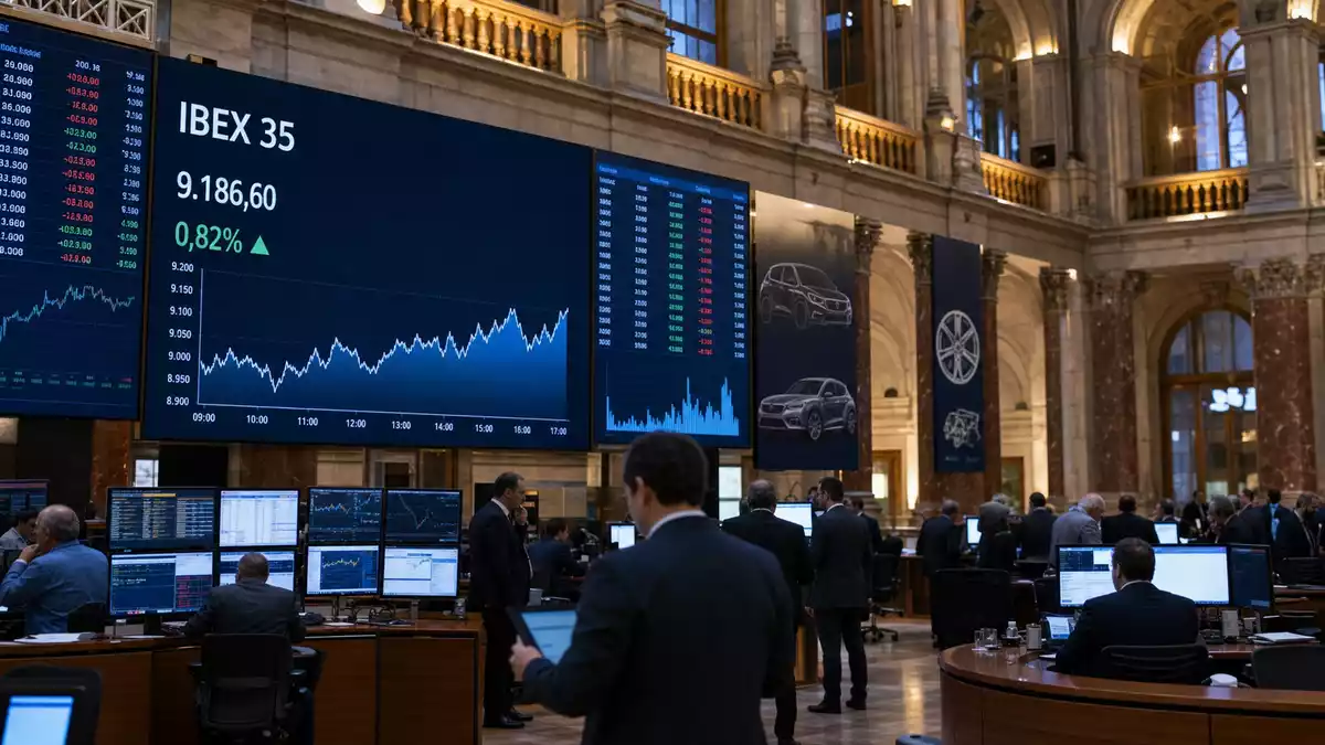 Trading-Floor mit IBEX 35 Kurstafel und Händlern in der Börse von Madrid