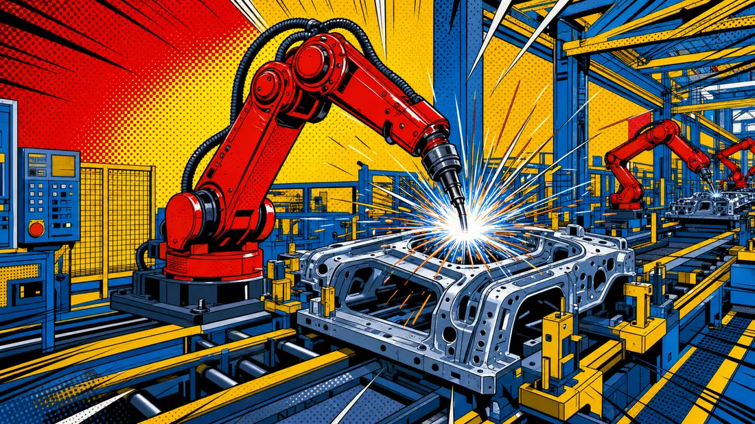 Bunte Pop-Art-Comicszene mit rotem Schweißroboter an Autoteil in Fabrikhalle