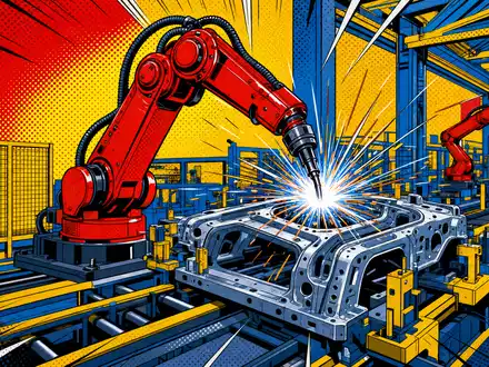 Pop-Art-Comic zeigt schweißenden Fabrikroboter und symbolisiert dynamische Fertigung von CIE Automotive S.A., ISIN ES0105630315 - Foto: THN