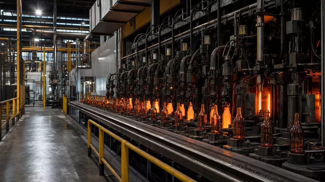Fotorealistische Glasverpackungsfabrik mit Flaschenformmaschinen und glühendem Glas