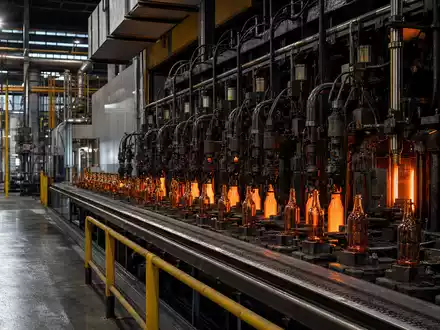 Fotorealistische Glasflaschen-Fabrikhalle mit glühenden Formmaschinen zeigt beispielhaft Vidrala S.A. Kernbranche, ISIN ES0183746314 Referenz - Foto: THN