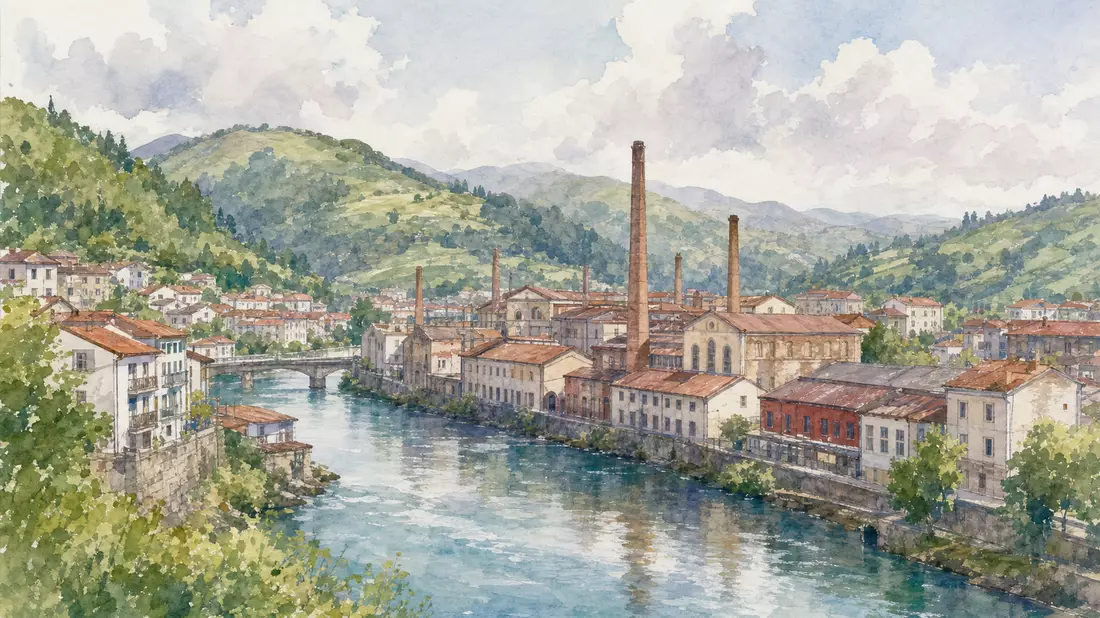 Aquarellillustration einer baskischen Industriestadt mit Fabrikschloten am Fluss