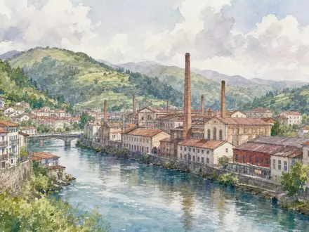 Stimmungsvolle Aquarellmalerei einer baskischen Industriestadt symbolisiert den Vidrala S.A. Standort, ISIN ES0183746314, Glasverpackungssektor - Foto: THN