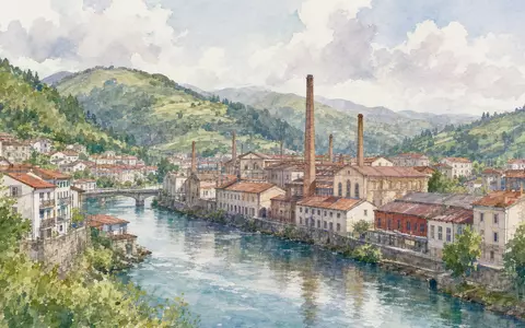 Stimmungsvolle Aquarellmalerei einer baskischen Industriestadt symbolisiert den Vidrala S.A. Standort, ISIN ES0183746314, Glasverpackungssektor - Foto: THN
