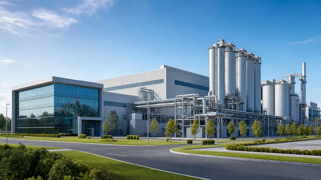 3D-Architekturrender einer modernen Glasverpackungsfabrik mit Silos und Lagerhallen