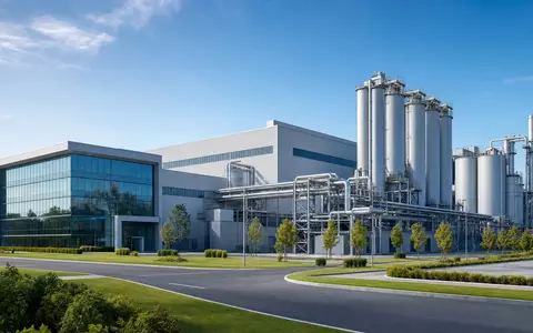 Modernes Architektur-Render eines großen Industriekomplexes repräsentiert typische Vidrala S.A. Produktionsanlagen, ISIN ES0183746314, Glasverpackungssektor - Foto: THN