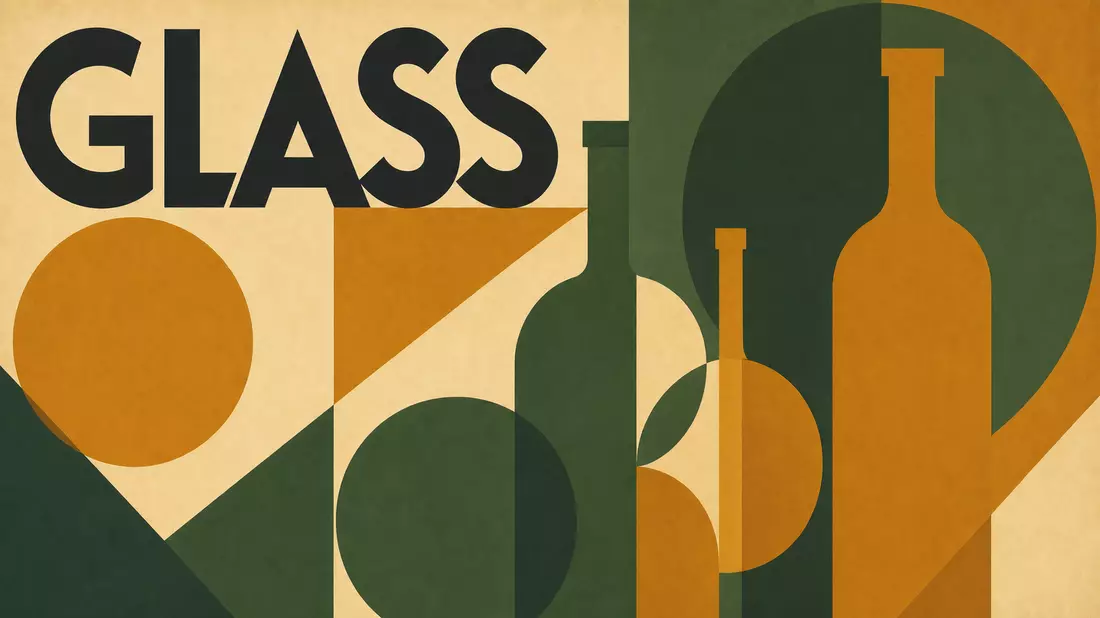 Bauhaus-Stil Poster mit geometrischen Formen und dem Wort GLASS in Blockbuchstaben