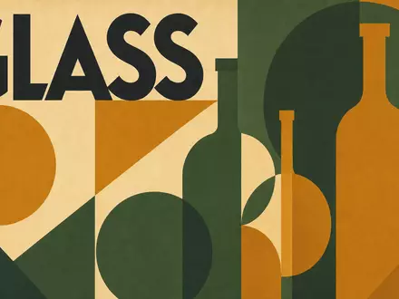 Geometrisches Bauhaus-Poster mit stilisierten Glasflaschen-Formen visualisiert den Vidrala S.A. Sektor, ISIN ES0183746314, Designsprache - Foto: THN