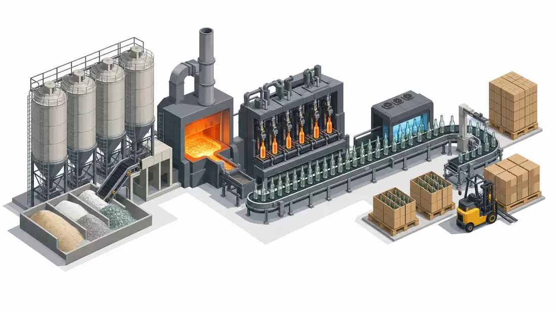 Isometrische 3D-Illustration der Produktionskette von Rohstoff bis Glasflasche