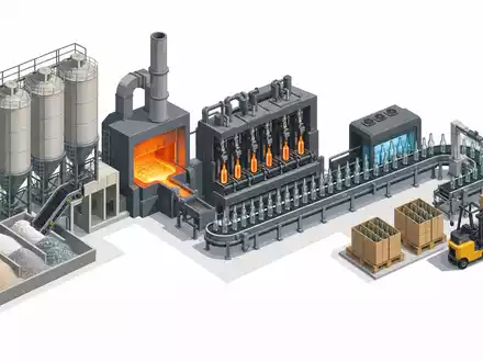 Isometrisches 3D-Diagramm der gesamten Glasflaschen-Wertschöpfungskette erklärt anschaulich Vidrala S.A. Prozess, ISIN ES0183746314 - Foto: THN