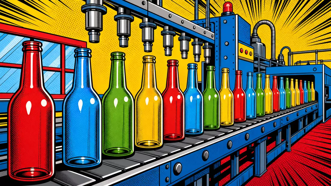 Farbenfrohe Pop-Art-Comic-Illustration einer Glasflaschenfabrik mit Halbtonpunkten