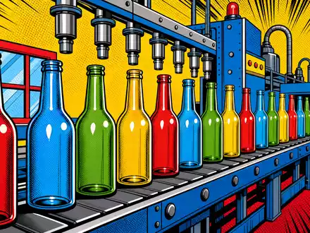 Farbenfrohe Pop-Art-Comic-Szene mit stilisierten Glasflaschen präsentiert lebendig Vidrala S.A. Branche, ISIN ES0183746314, Comic-Design - Foto: THN