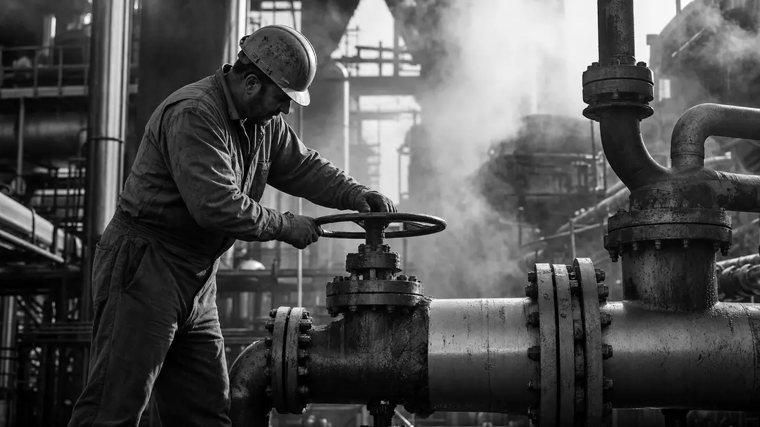 Schwarzweiß-Reportagefoto eines Arbeiters an einem Ventil in der Raffinerie