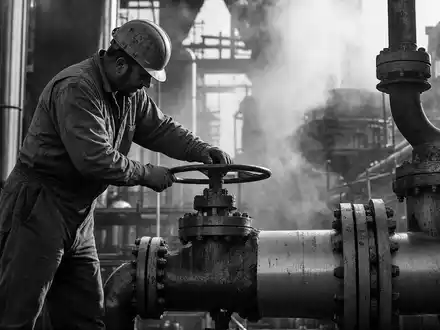 Valero Energy Corp US91913Y1001 dokumentiert einen Raffineriearbeiter beim Prüfen eines industriellen Rohrventils schwarzweiß - Foto: THN