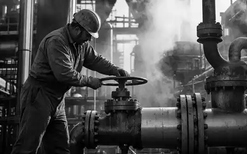 Valero Energy Corp US91913Y1001 dokumentiert einen Raffineriearbeiter beim Prüfen eines industriellen Rohrventils schwarzweiß - Foto: THN
