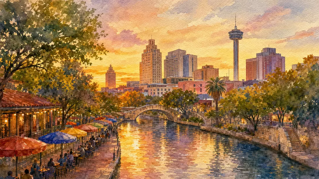 Aquarellmalerei der San Antonio Skyline mit Riverwalk bei Sonnenuntergang
