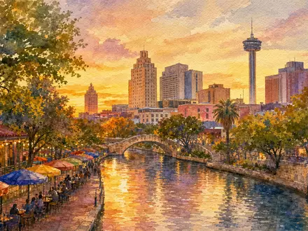 Valero Energy Corp US91913Y1001 zeigt die Skyline von San Antonio als stimmungsvolles Aquarellgemälde am Fluss - Foto: THN