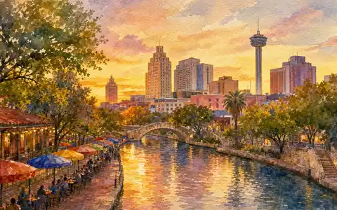 Valero Energy Corp US91913Y1001 zeigt die Skyline von San Antonio als stimmungsvolles Aquarellgemälde am Fluss - Foto: THN