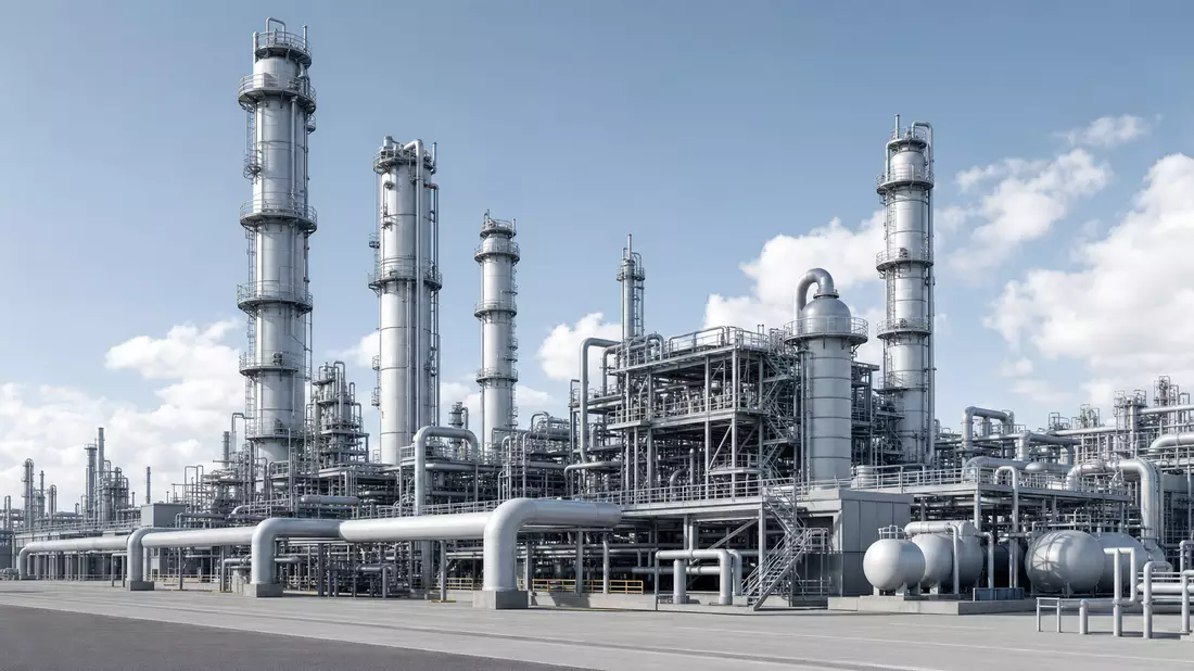 3D-Architekturrender einer petrochemischen Anlage mit Destillationskolonnen bei Tageslicht