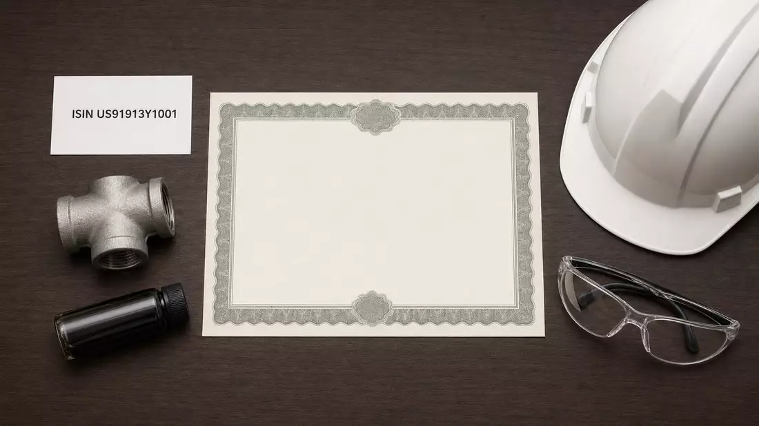 Flatlay mit Aktienzertifikat, ISIN-Karte, Helm und Ölprobe auf Holztisch