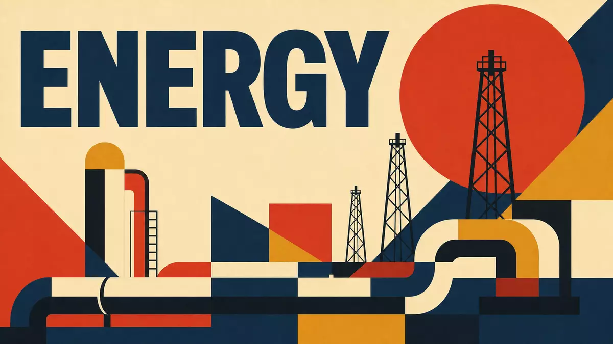 Geometrisches Bauhaus-Poster mit Ölfördertürmen und Schriftzug ENERGY