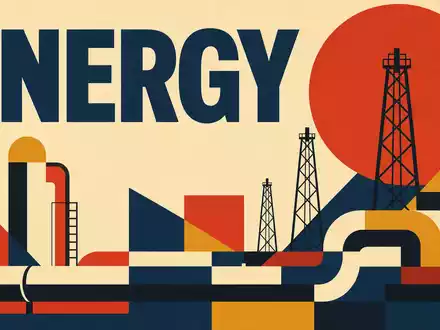 Valero Energy Corp US91913Y1001 inspiriert ein geometrisches Bauhaus-Poster mit Ölfördertürmen und dem Wort ENERGY - Foto: THN