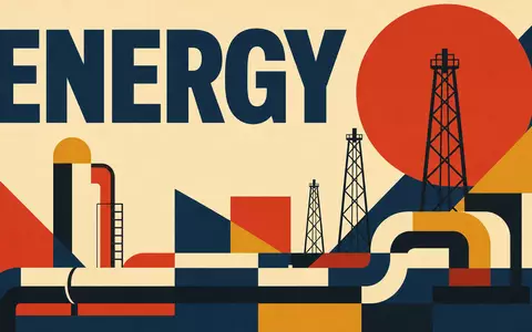 Valero Energy Corp US91913Y1001 inspiriert ein geometrisches Bauhaus-Poster mit Ölfördertürmen und dem Wort ENERGY - Foto: THN