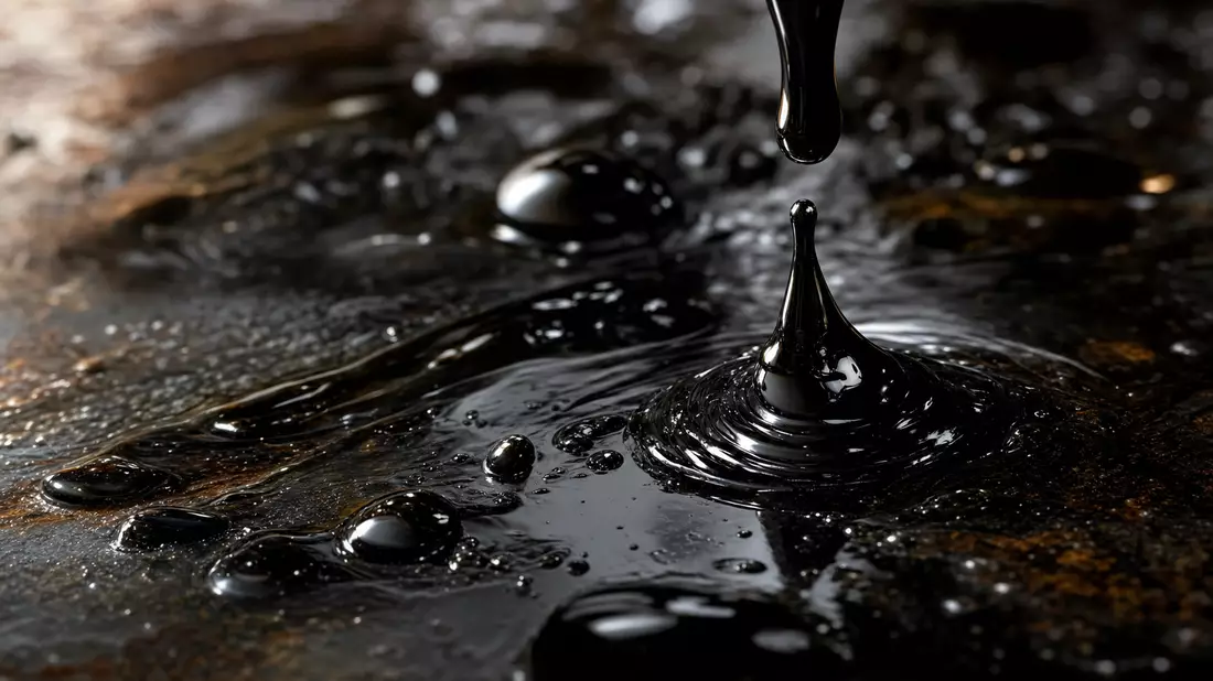 Makroaufnahme von glänzenden schwarzen Rohöltropfen auf reflektierender Metallfläche