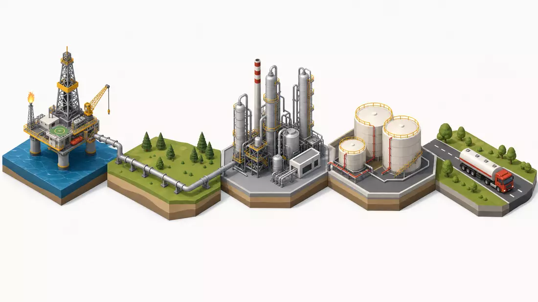 Isometrische 3D-Grafik der Öl-Wertschöpfungskette von Förderung bis Transport