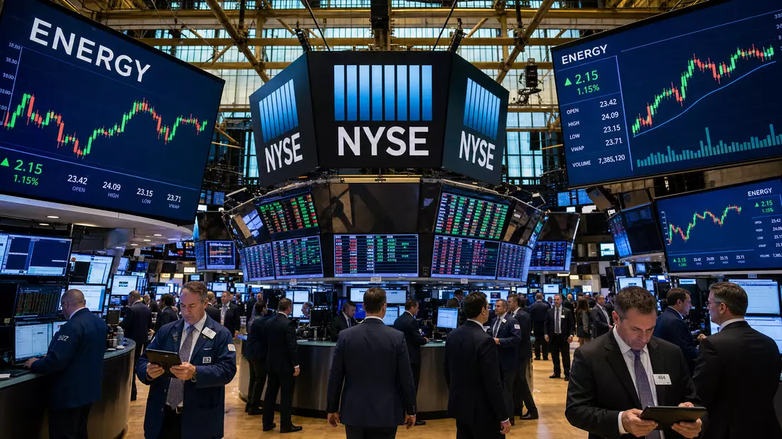 NYSE-Handelssaal mit Händlern und Energiesektor-Kurscharts auf Bildschirmen