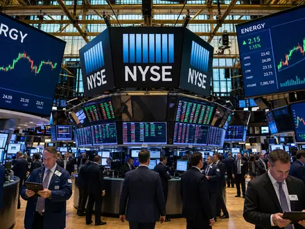 Valero Energy Corp US91913Y1001 zeigt den NYSE-Handelssaal mit Energie-Sektor-Kurscharts auf großen Bildschirmen lebhaft - Foto: THN