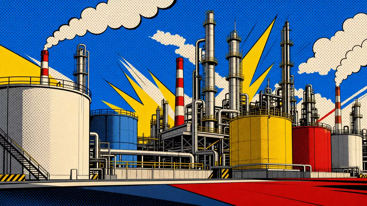 Pop-Art-Comic-Illustration einer bunten stilisierten Raffinerie mit Rauchwolken