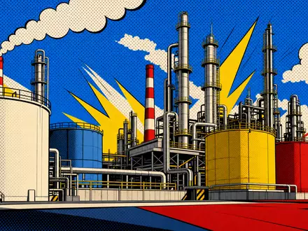 Valero Energy Corp US91913Y1001 wird als farbenfrohe Pop-Art-Comic-Szene einer stilisierten Raffinerie dargestellt lebendig - Foto: THN