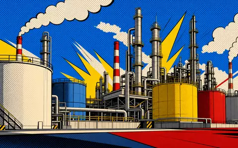 Valero Energy Corp US91913Y1001 wird als farbenfrohe Pop-Art-Comic-Szene einer stilisierten Raffinerie dargestellt lebendig - Foto: THN