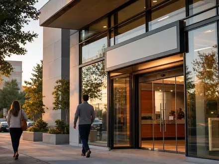 US Bancorp (ISIN US9029733048) zeigt eine moderne Bankfiliale bei warmem Abendlicht mit Kunden am Eingang - Foto: THN